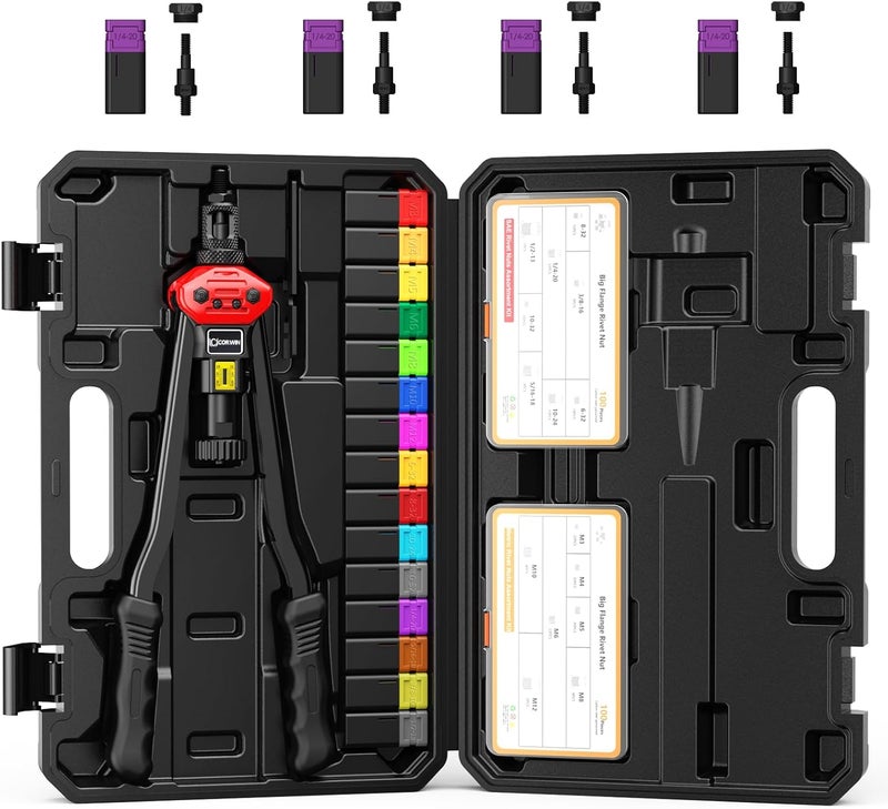 CORWIN Store 16" Rivet Nut Gun with Stroke Adjustment - 19 mandrels: 15 Metric and SAE Mandrels (M3-M12 & to 1/2") + 4 Pieces 1/4-20 Mandrels - 200 Threaded Nuts (100 Each) in Storage Boxes - Image 1